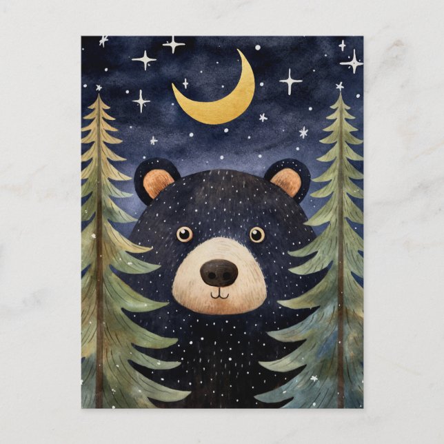 Cartão Postal De Festividades Mensagem de Lua Noite de Bear Negro de Natal (Frente)