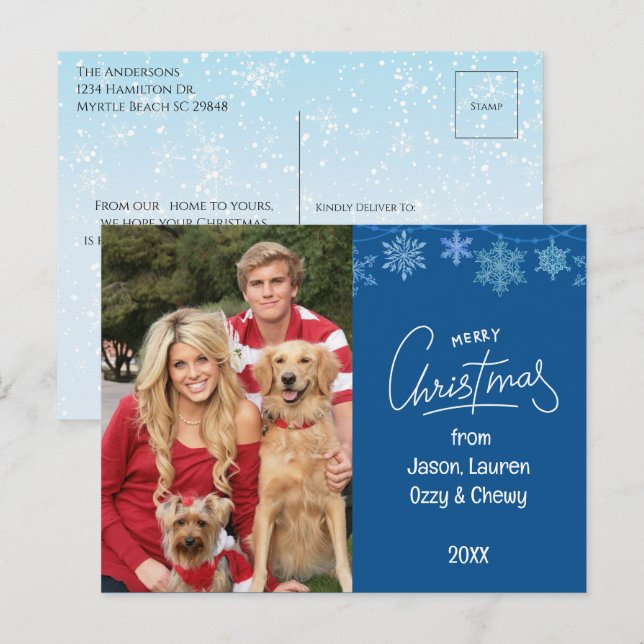 Cartão Postal De Festividades Mensagem Pets de Foto da Família Blue Christmas (Frente/Verso)