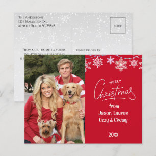Cartão Postal De Festividades Mensagem Pets de Foto da Família Red Christmas