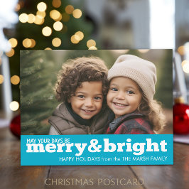 Cartão Postal De Festividades Merry and Bright Negrito Moderno Foto - azul