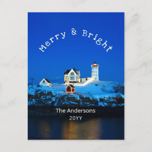 Cartão Postal De Festividades Merry and Bright Nubble Lighthouse Christmas
