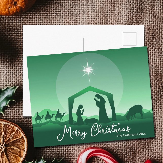 Cartão Postal De Festividades Merry Christmas Nativity Scene Green Religious (Criador carregado)