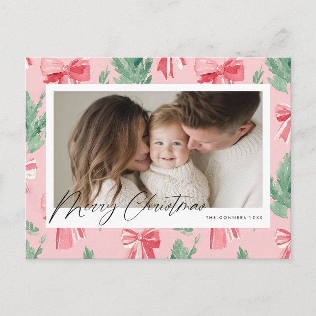 Cartão Postal De Festividades Merry Christmas pink bows and green sprig (Frente)