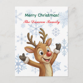 Cartão Postal De Festividades Merry Christmas Rudolph with Blue Snowflakes