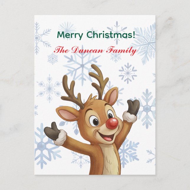 Cartão Postal De Festividades Merry Christmas Rudolph with Blue Snowflakes (Frente)