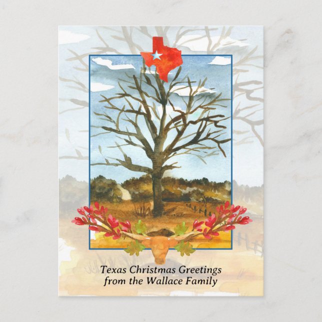 Cartão Postal De Festividades Merry Christmas Texas Longhorn Star Personalizado (Frente)