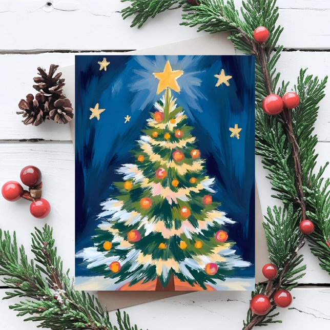 Cartão Postal De Festividades Merry Christmas Tree Watercolor (Criador carregado)