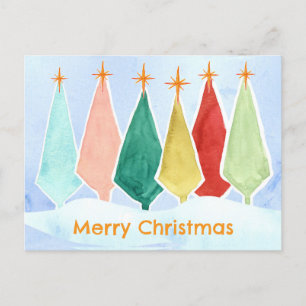 Cartão Postal De Festividades Merry Christmas Trees Star Snow Watercolor