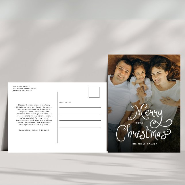 Cartão Postal De Festividades Merry Christmas Whimsical Script  Family  Photo (Criador carregado)