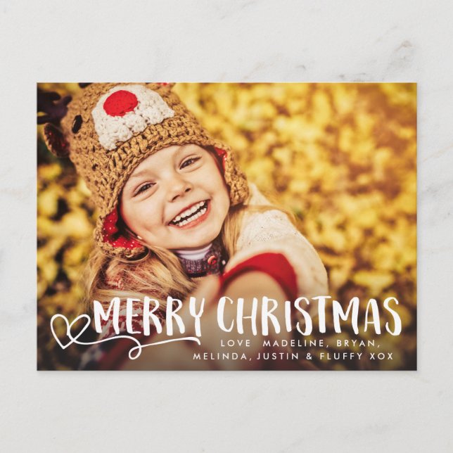 Cartão Postal De Festividades Merry Christmas White Script Holiday Photo Overlay (Frente)