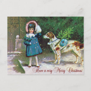 Cartão Postal De Festividades Merry Christmas with Girl and English Setter