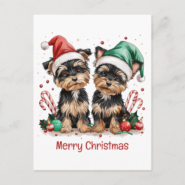 Cartão Postal De Festividades Merry Christmas Yorkshire Terrier Dogs (Frente)