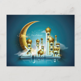 Cartão Postal De Festividades Mesquita de Lua Eid Mubarak Caligrafia Árabe Azul