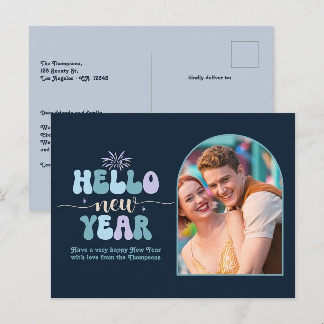 Cartão Postal De Festividades Midnight Frost New Year Retro Modern Blue Photo (Frente/Verso)