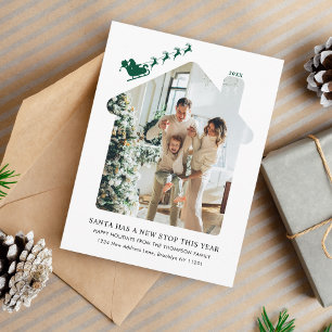 Cartão Postal De Festividades Minimal Nova Casa Foto Verde Papai Noel Trenó Móve