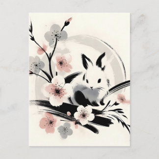 Cartão Postal De Festividades Minimalist Zen Ink Bunny Cherry Blossoms