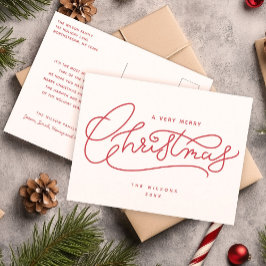 Cartão Postal De Festividades Mínimo de Manuscrito de Feliz Natal Vermelho