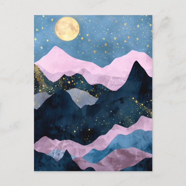 Cartão Postal De Festividades Mínimo Lua Estrelas Montanha Vale Celestial (Frente)