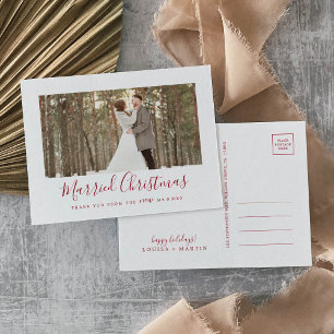 Cartão Postal De Festividades Mínimo Vermelho Casado Natal Recentemente Obrigado