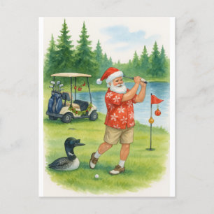Cartão Postal De Festividades Minnesota Golfer Santa Claus joga golfe no lago