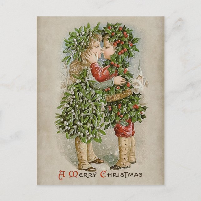 Cartão Postal De Festividades Mistletoe Girl and holly boy kiss CC0784 Natal (Frente)