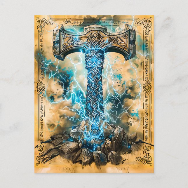 Cartão Postal De Festividades Mjölnir Thors Hammer com Relâmpago (Frente)