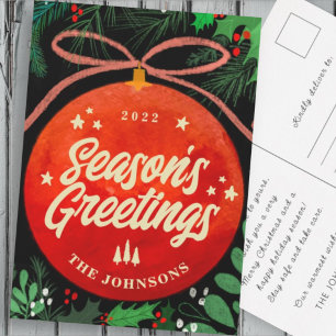 Cartão Postal De Festividades Modern Red Christmas Ball Ornament Botanical