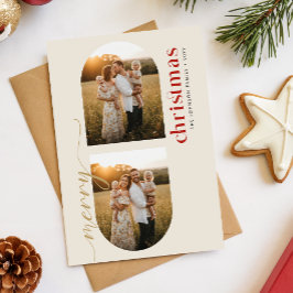 Cartão Postal De Festividades Modern Red & Gold Script Family Photo Christmas