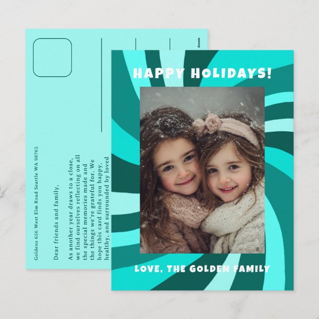 Cartão Postal De Festividades Modern Swirl HAPPY HOLIDAYS CUSTOM PHOTO (Frente/Verso)