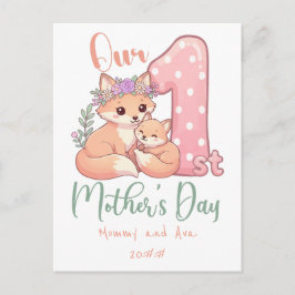 Cartão Postal De Festividades Mommy and Baby Fox Pink 1st Mothers Day