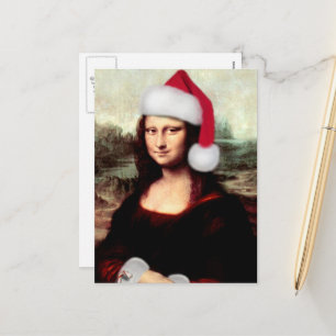 Cartão Postal De Festividades Mona Lisa Chapéu de Papai Noel Natal