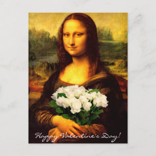 Cartão Postal De Festividades Mona Lisa Com Buquê De Rosas Brancas