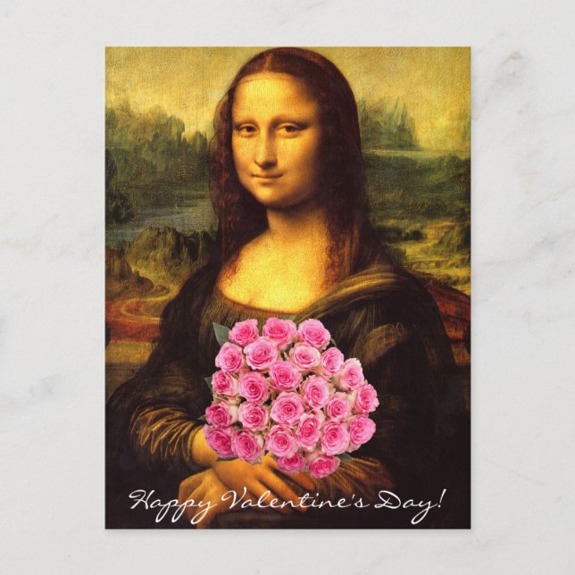 Cartão Postal De Festividades Mona Lisa Com Buquê De Rosas Rosa (Frente)