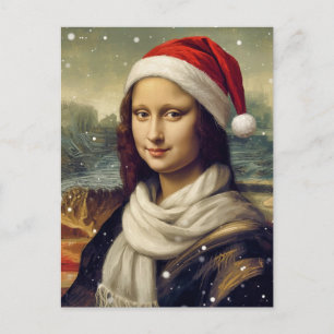 Cartão Postal De Festividades Mona Lisa de chapéu de Papai Noel - vibrações fest