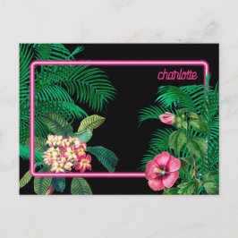 Cartão Postal De Festividades Monograma de Botânica Tropical Neon Pink