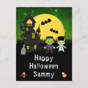 Cartão Postal De Festividades Monstros Felizes no Halloween Verde