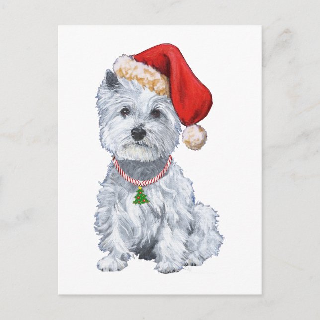 Cartão Postal De Festividades Montanhas Terrier branco ocidentais Papai Noel (Frente)