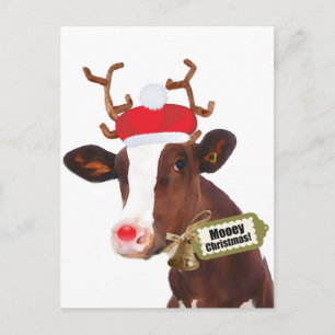 Cartão Postal De Festividades Mooey Felry Christmas Reindeer Cow
