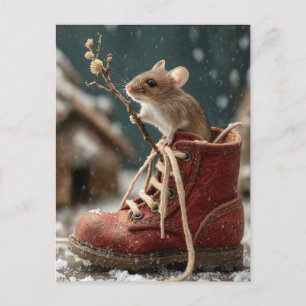 Cartão Postal De Festividades Mouse Adorável em Inicialização Miniatura na Neve