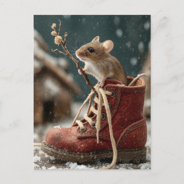 Cartão Postal De Festividades Mouse Adorável em Inicialização Miniatura na Neve (Frente)
