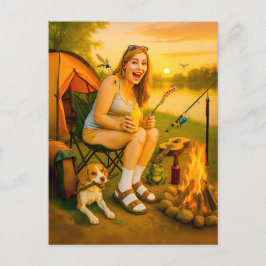 Cartão Postal De Festividades Mulher assustada com cão e tenda