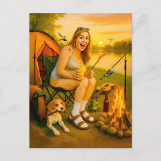 Cartão Postal De Festividades Mulher Assustada em Acampamento com Cachorro e Ten