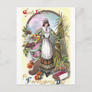 Cartão Postal De Festividades Mulher e Autumn Bounty Vintage Ação de Graças
