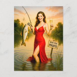 Cartão Postal De Festividades Mulher Elegante vestida Vermelha segurando peixe g