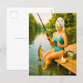 Cartão Postal De Festividades Mulher em Bikini pescando de Wooden Dock