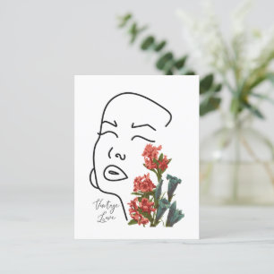 Cartão Postal De Festividades Mulher floral retrógrada face a uma linha que dese