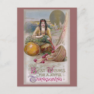 Cartão Postal De Festividades Mulher indiana com Turquia Vintage Ação de Graças