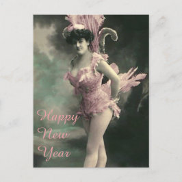 Cartão Postal De Festividades Mulher no vestiário de pássaro rosa Ano Novo