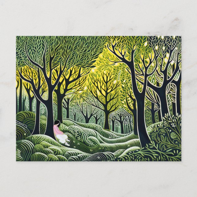 Cartão Postal De Festividades Mulher que dorme na floresta. Abstrato linoleum ar (Frente)