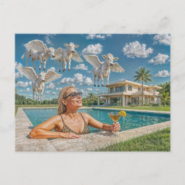 Cartão Postal De Festividades Mulher Rica Observa Vacas Voadoras da Piscina